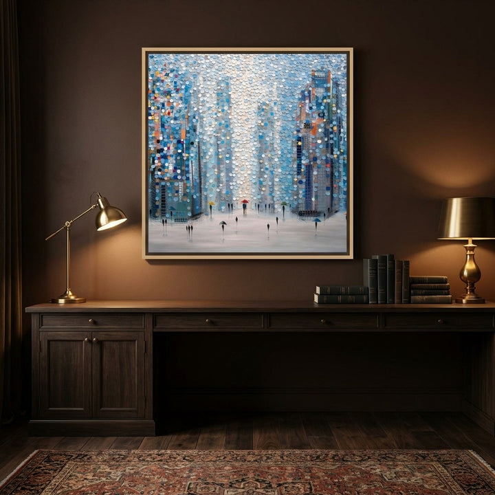 Canvas wall art with a natural timber surround styled on the wall in a moody home office