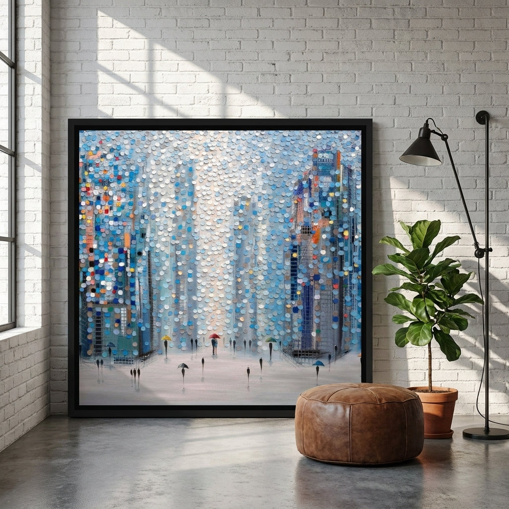 Oversized statement canvas wall art with a black surround leaning against the wall in an industrial loft dining room