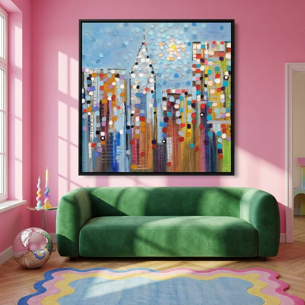 Oversized statement canvas wall art with a black surround styled on the wall in a colourful eclectic living room