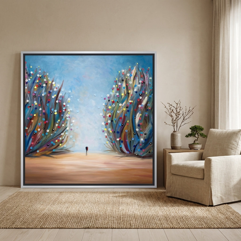 Oversized statement canvas wall art with a silver leaf surround leaning against the wall in a warm Japandi bedroom