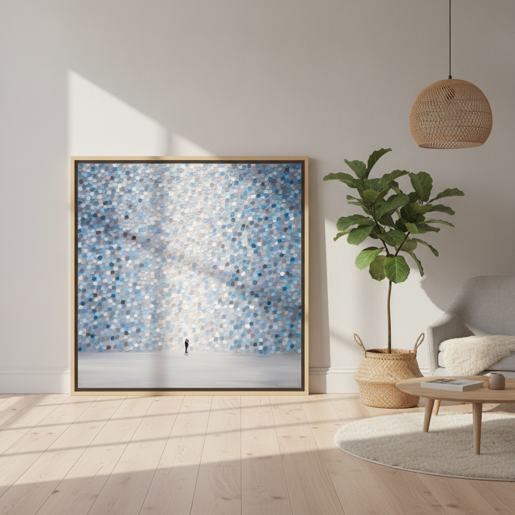 Oversized statement canvas wall art with a natural timber surround leaning against the wall in a bright Scandinavian living room