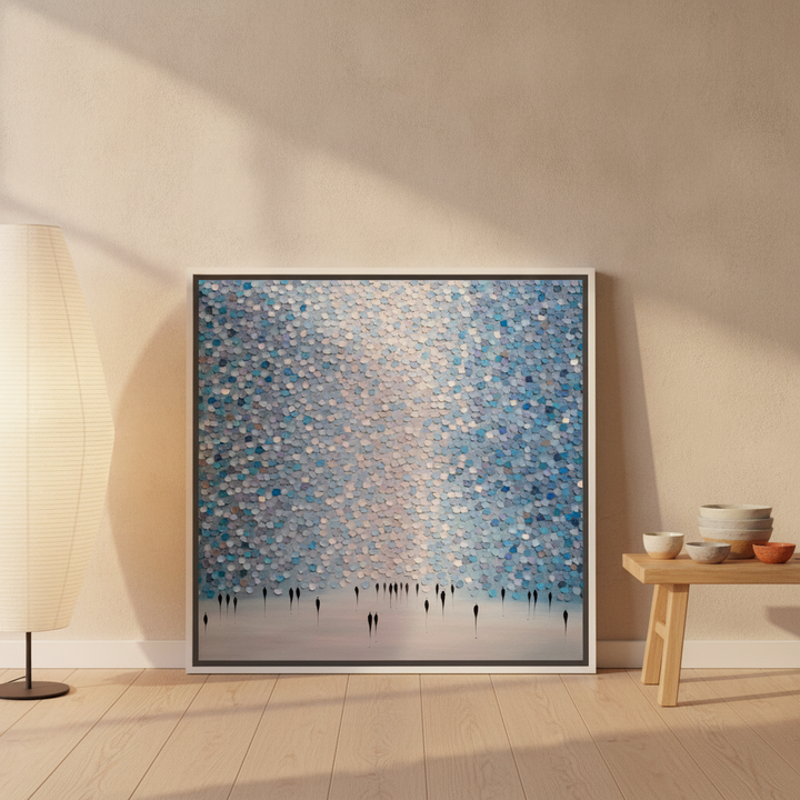 Canvas wall art with a white surround leaning against the wall in a warm Japandi home office