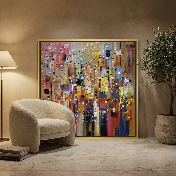 Canvas wall art with a gold leaf surround leaning against the wall in a luxe dining room
