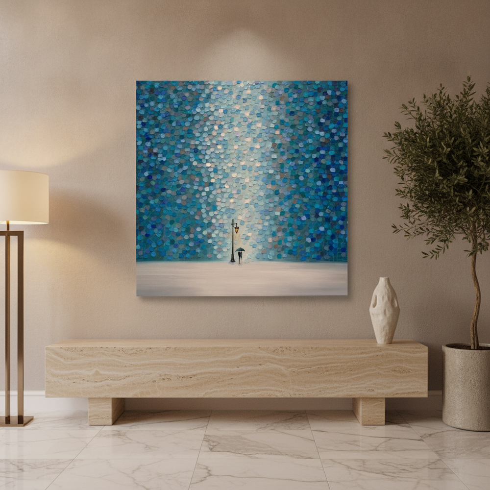 Stretched canvas wall art styled on the wall in a luxe living room