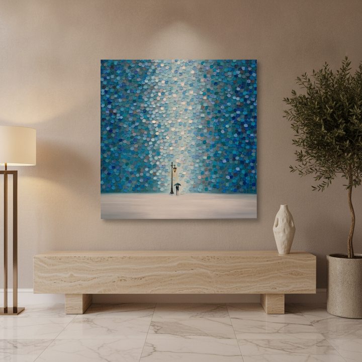 Stretched canvas wall art styled on the wall in a luxe living room