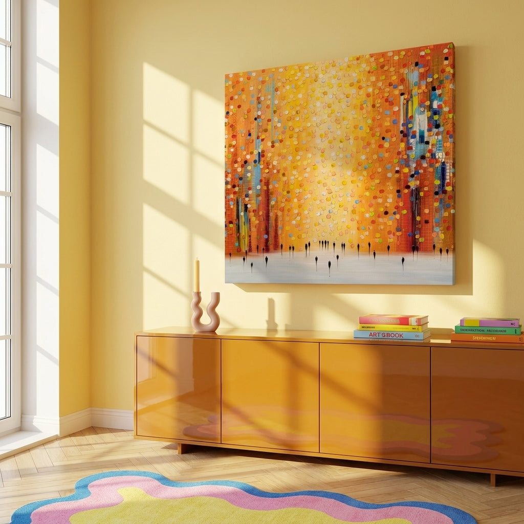Stretched canvas wall art styled on the wall in a colourful eclectic living room