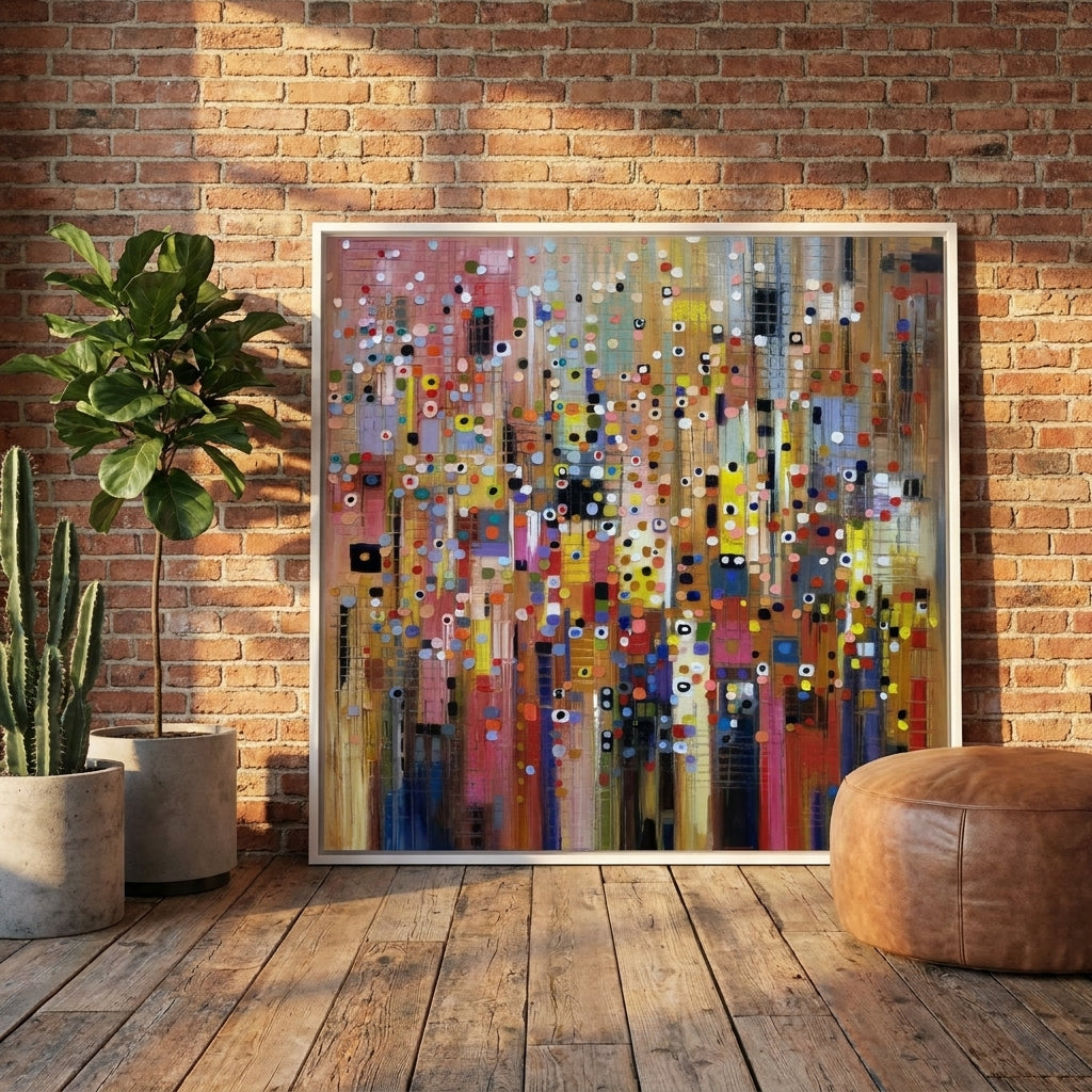 Oversized statement canvas wall art with a white surround leaning against the wall in an industrial loft dining room