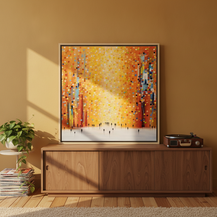 Canvas wall art with a natural timber surround standing on a sideboard in a retro 70s home office