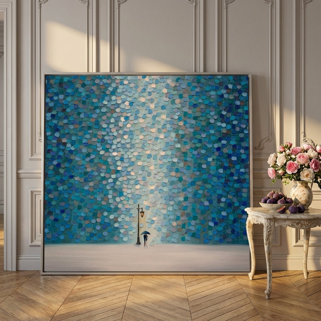 Oversized statement canvas wall art with a silver leaf surround leaning against the wall in a Parisian living room