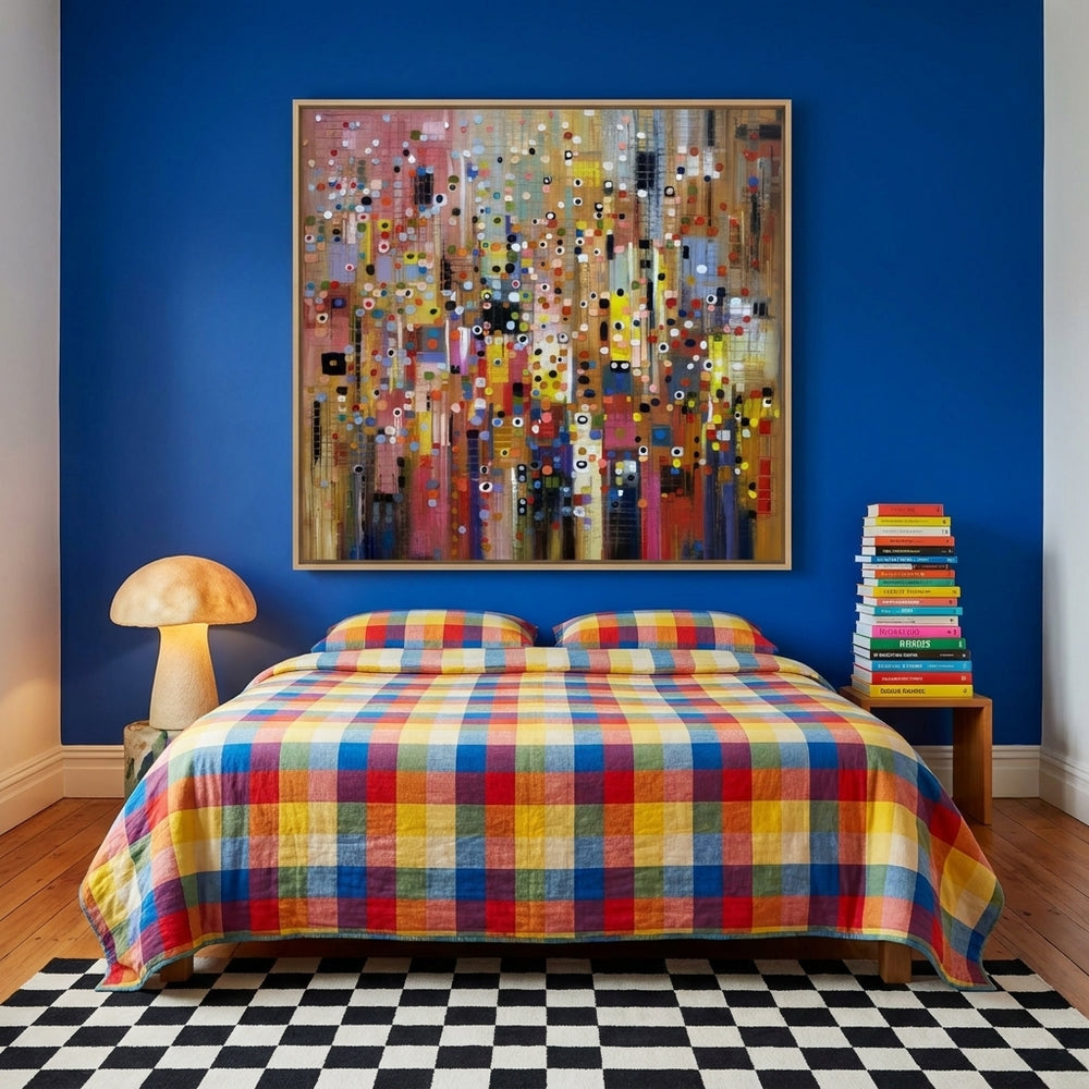 Oversized statement canvas wall art with a natural timber surround styled on the wall in a colourful eclectic bedroom