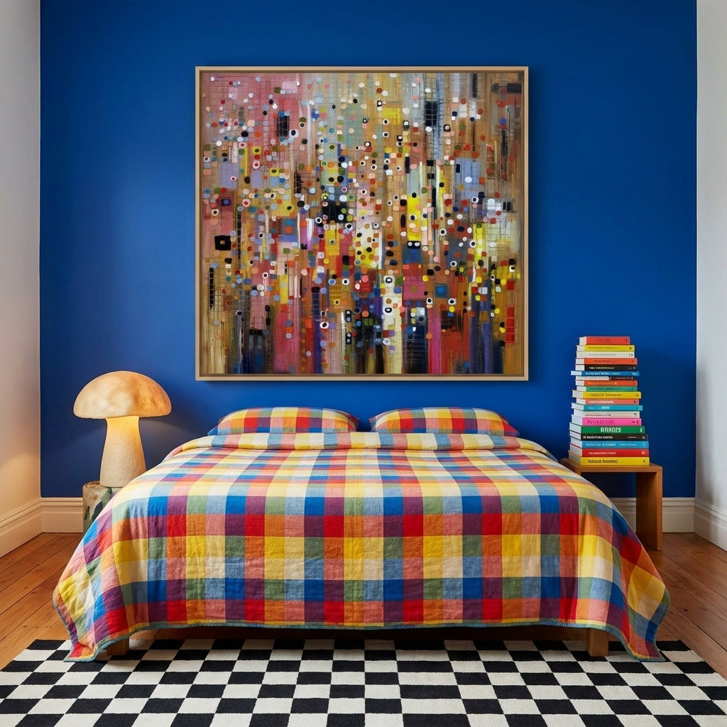 Oversized statement canvas wall art with a natural timber surround styled on the wall in a colourful eclectic bedroom