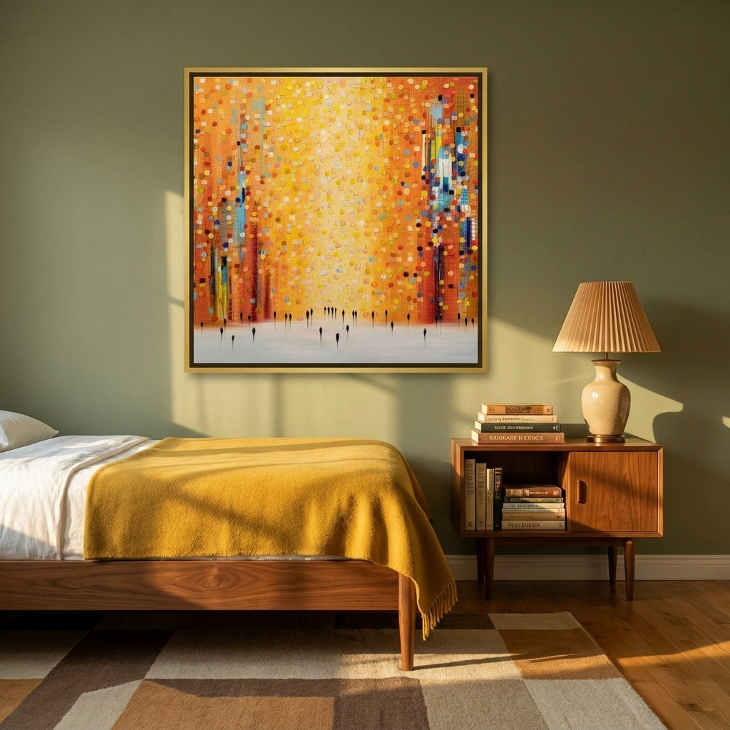 Canvas wall art with a gold leaf surround styled on the wall in a mid-century bedroom