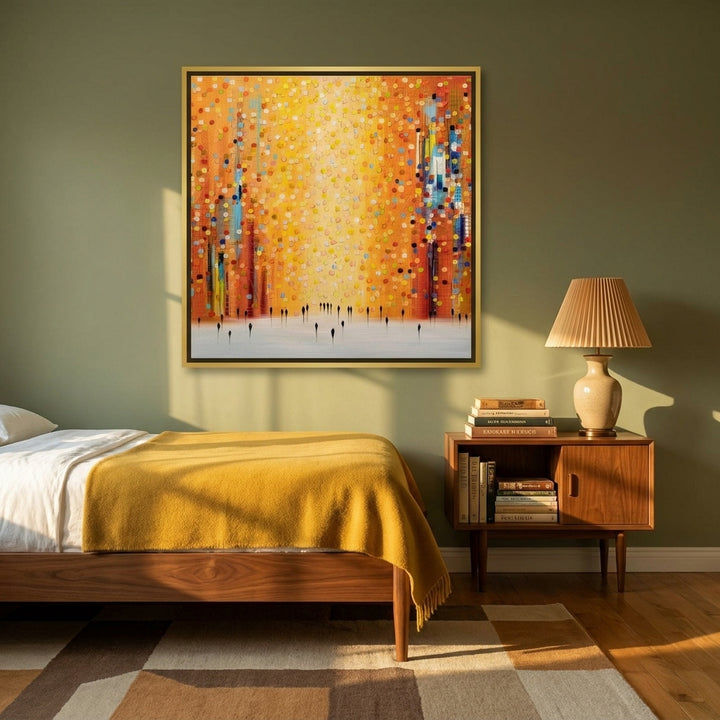 Canvas wall art with a gold leaf surround styled on the wall in a mid-century bedroom