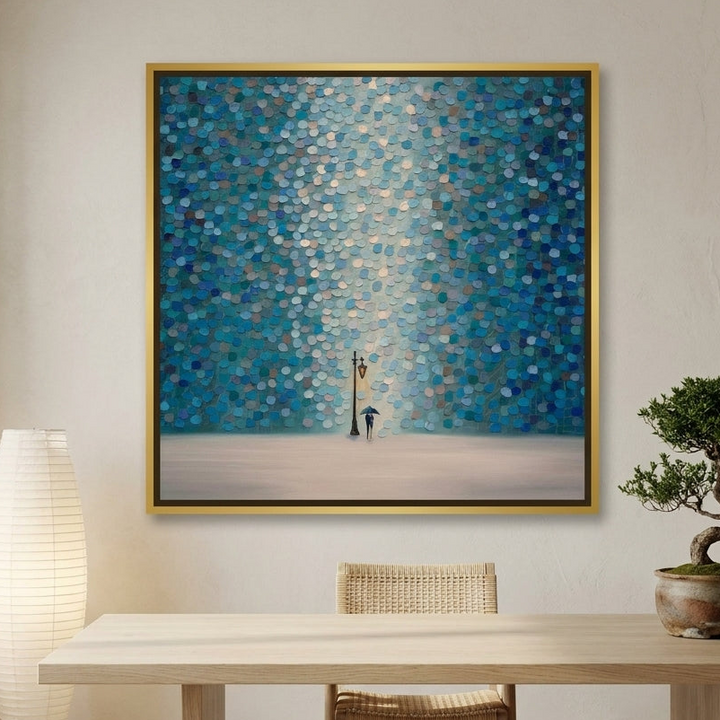 Canvas wall art with a gold leaf surround styled on the wall in a warm Japandi home office