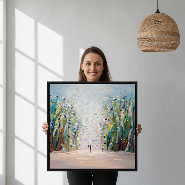 Person holding canvas wall art with a black surround in a bright Scandinavian living room