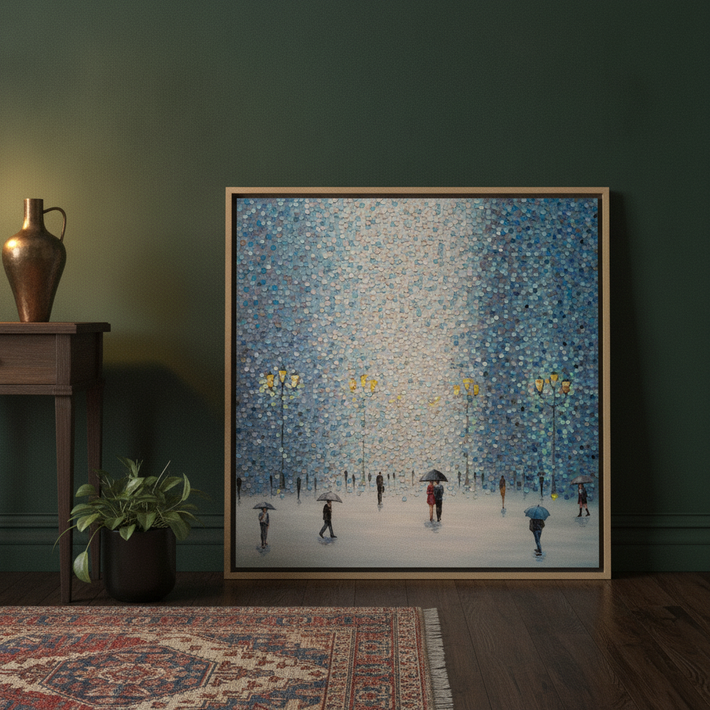 Canvas wall art with a natural timber surround leaning against the wall in a moody bedroom