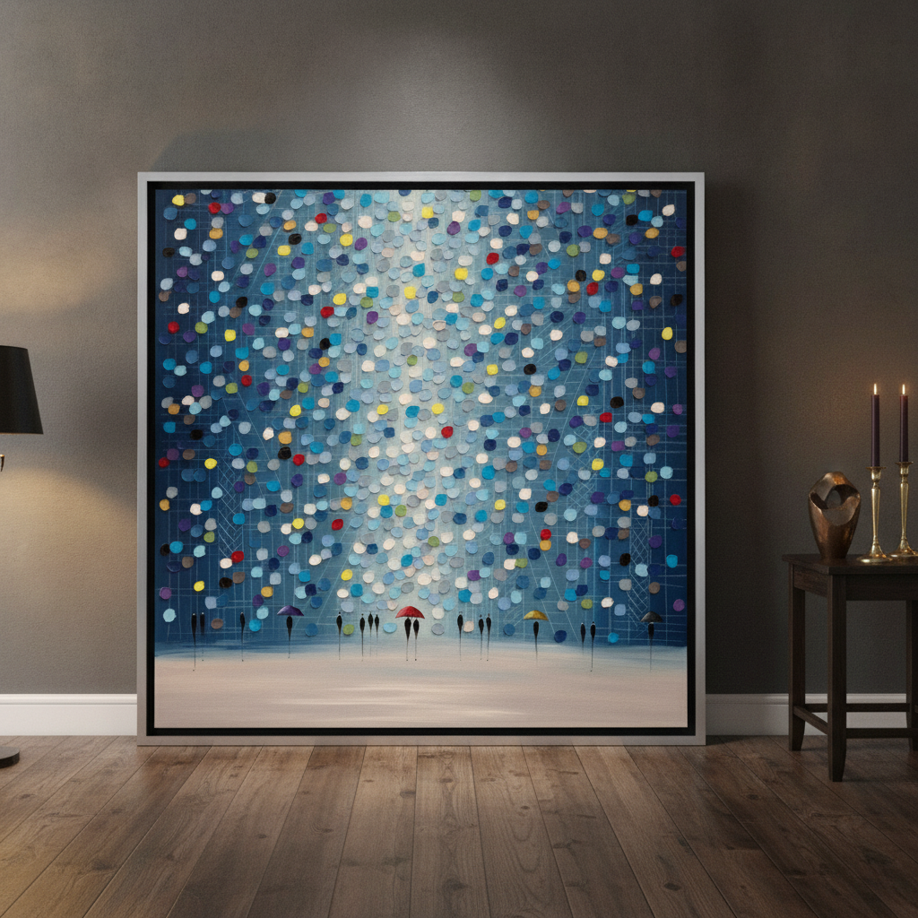 Oversized statement canvas wall art with a silver leaf surround leaning against the wall in a moody dining room
