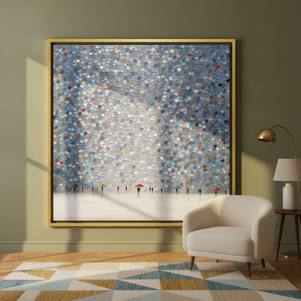 Oversized statement canvas wall art with a gold leaf surround leaning against the wall in a mid-century dining room