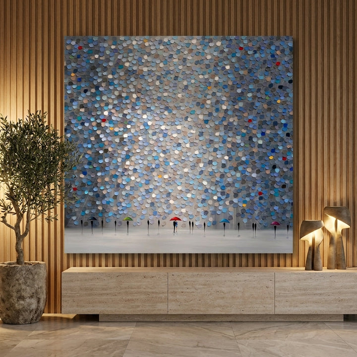 Stretched canvas wall art styled on the wall in a luxe living room