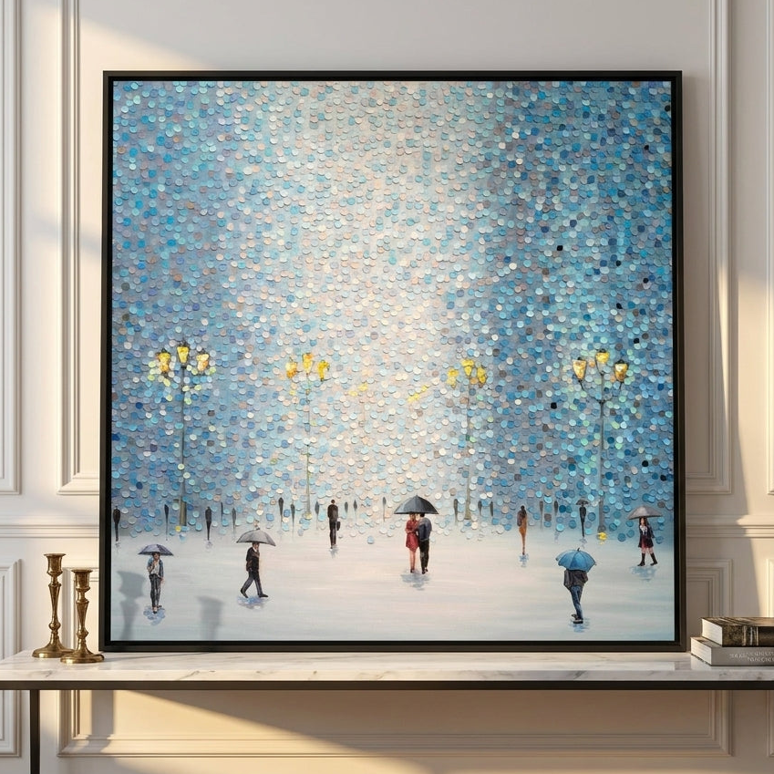 Canvas wall art with a black surround standing on a console in a Parisian home office