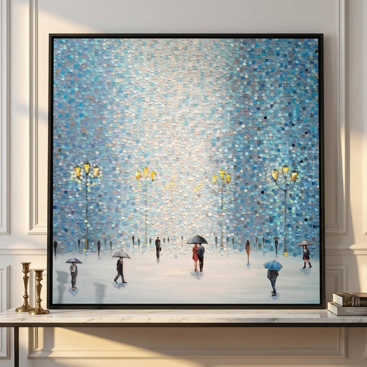 Canvas wall art with a black surround standing on a console in a Parisian home office