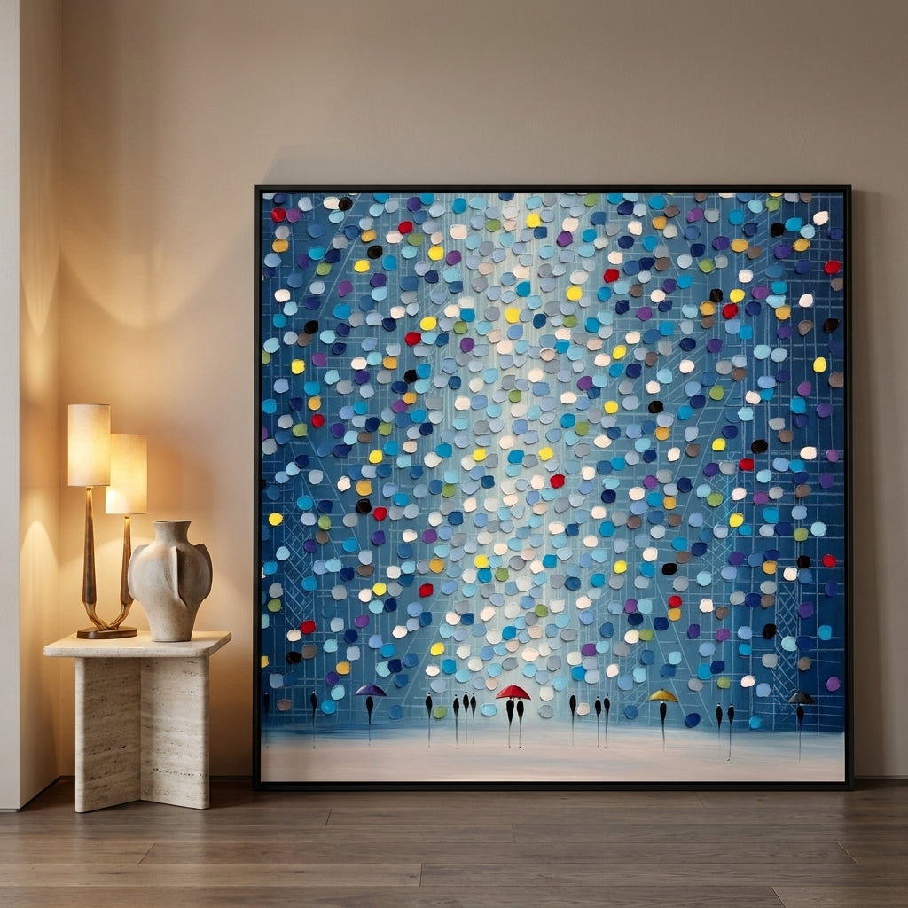 Oversized statement canvas wall art with a black surround leaning against the wall in a luxe living room