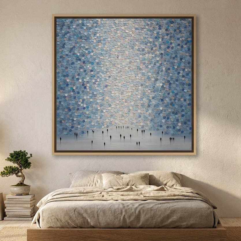 Canvas wall art with a natural timber surround styled on the wall in a warm Japandi bedroom