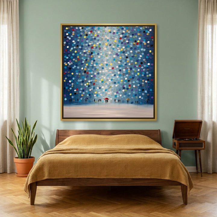 Canvas wall art with a gold leaf surround styled on the wall in a mid-century bedroom