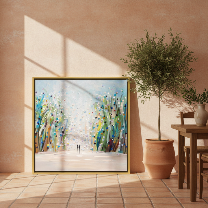 Canvas wall art with a gold leaf surround leaning against the wall in a Mediterranean dining room
