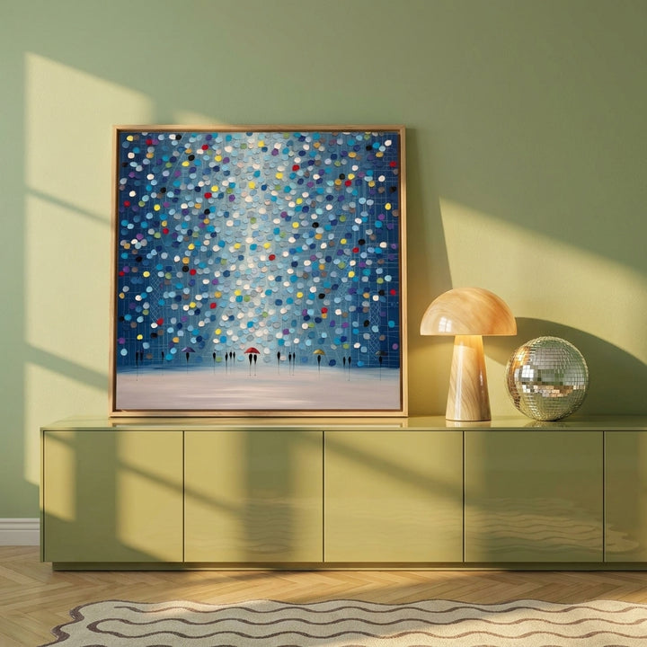 Canvas wall art with a natural timber surround standing on a sideboard in a colourful eclectic home office