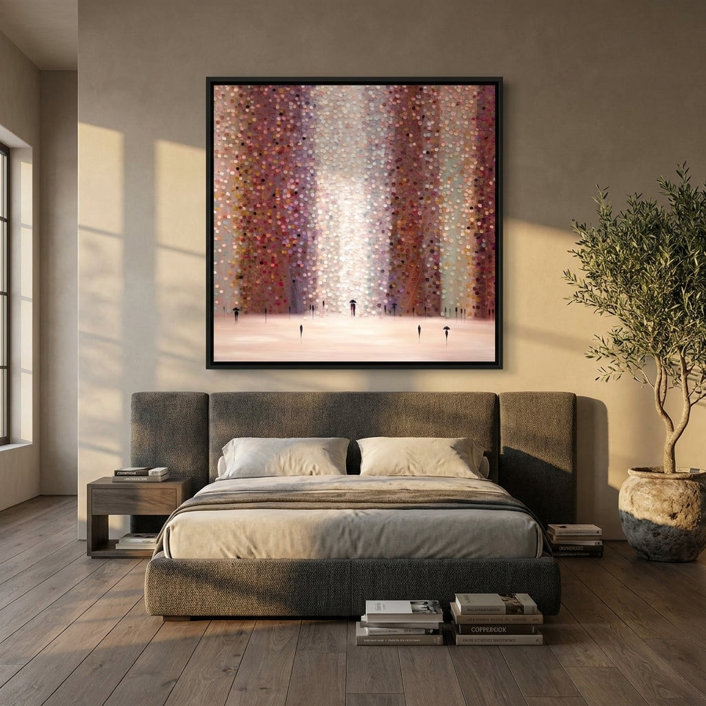 Oversized statement canvas wall art with a black surround styled on the wall in a luxe bedroom