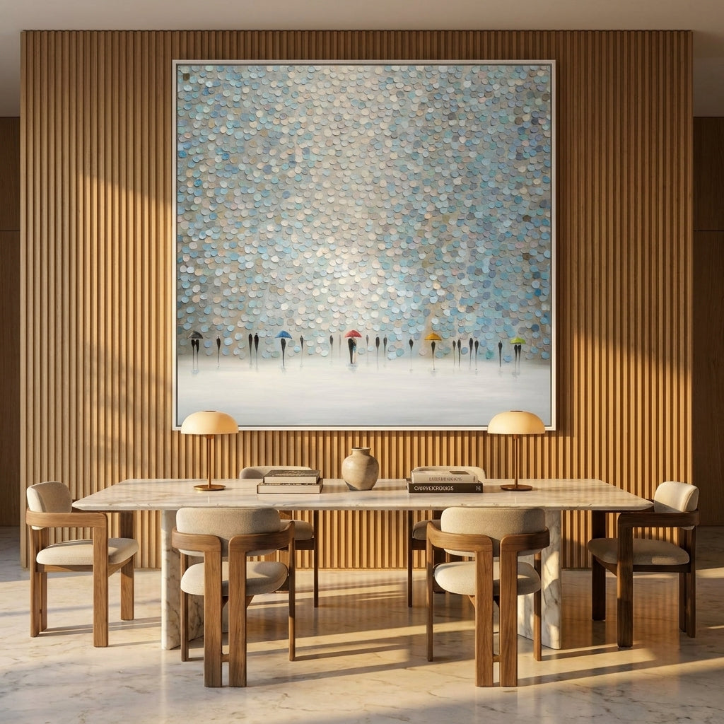 Oversized statement canvas wall art with a white surround styled on the wall in a luxe dining room