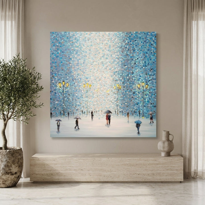 Stretched canvas wall art styled on the wall in a luxe living room