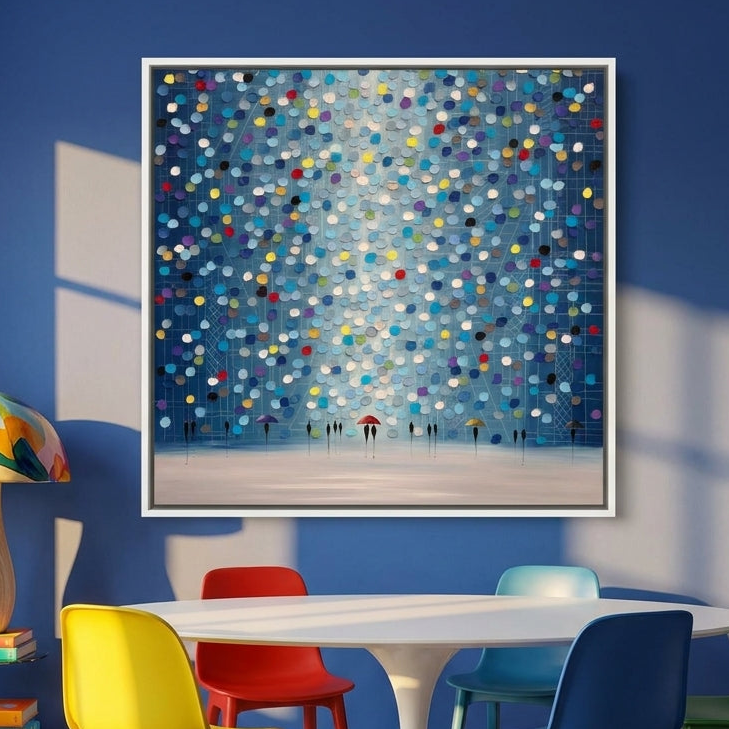 Canvas wall art with a white surround styled on the wall in a colourful eclectic dining room