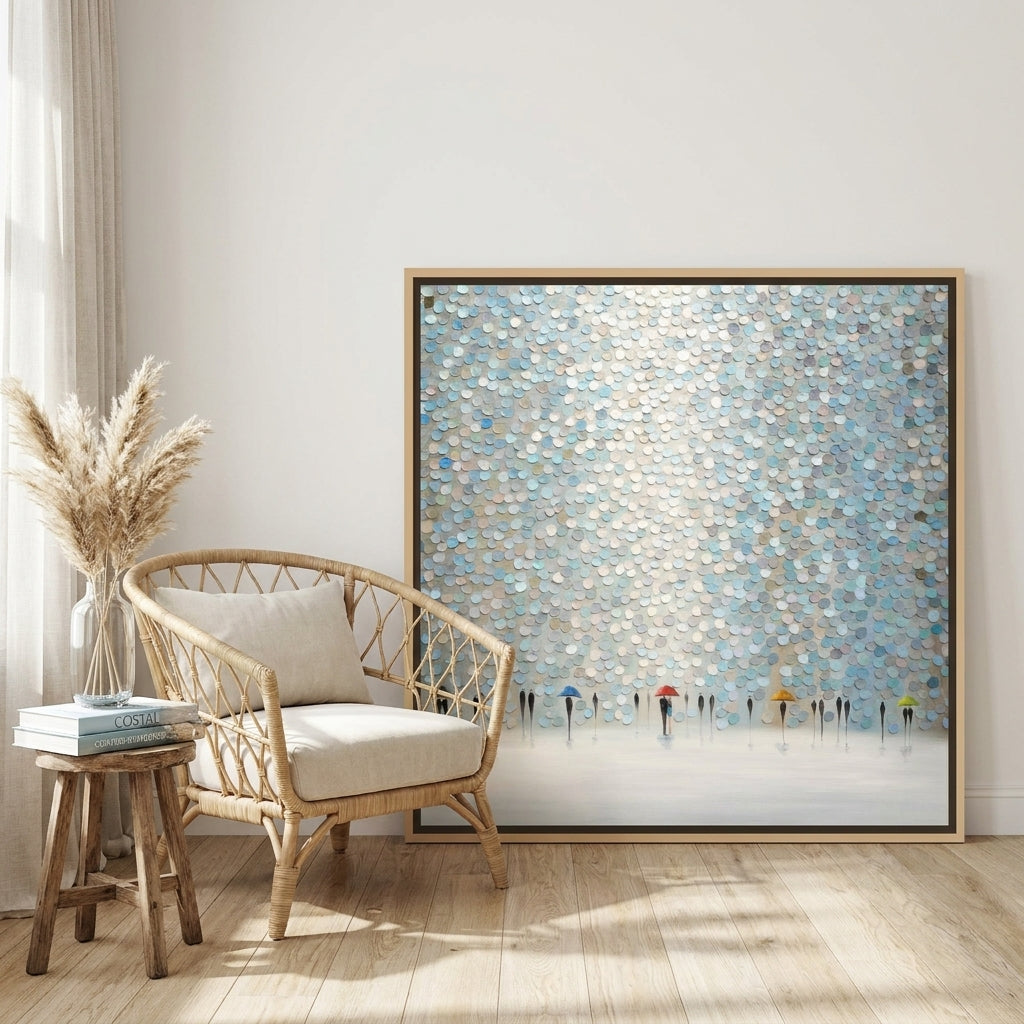 Oversized statement canvas wall art with a natural timber surround leaning against the wall in a coastal bedroom