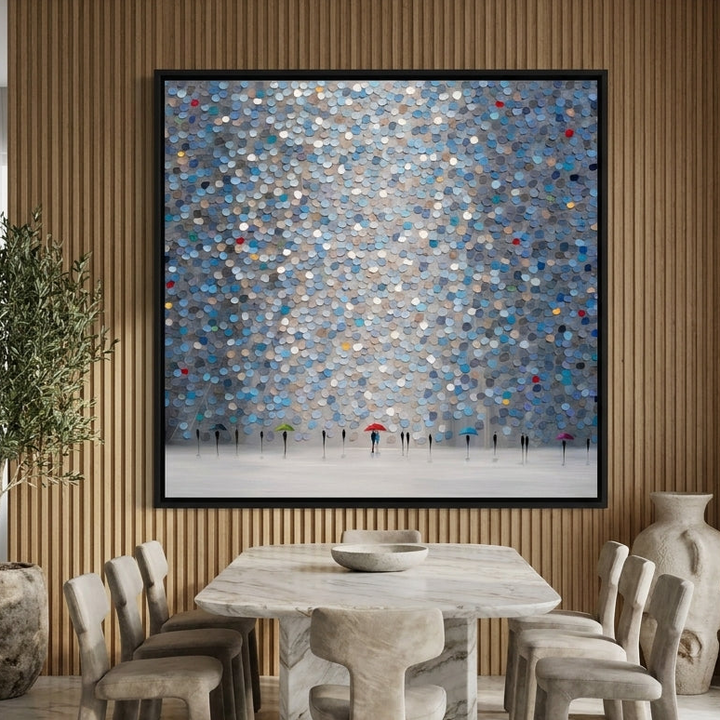 Oversized statement canvas wall art with a black surround styled on the wall in a luxe dining room