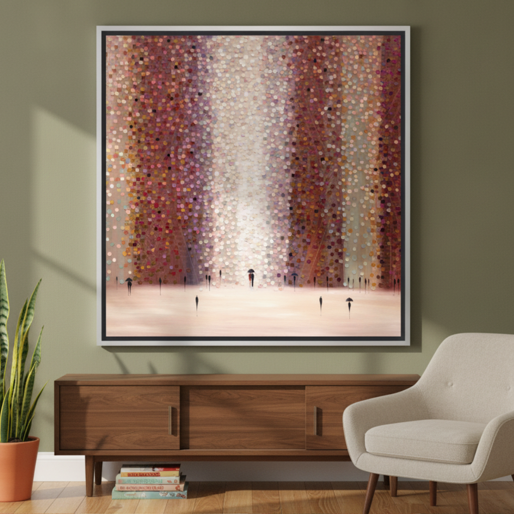 Oversized statement canvas wall art with a silver leaf surround styled on the wall in a mid-century living room