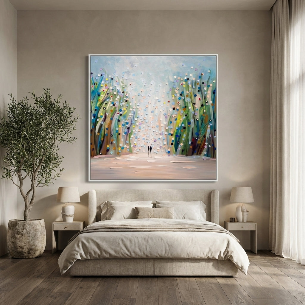 Oversized statement canvas wall art with a white surround styled on the wall in a luxe bedroom