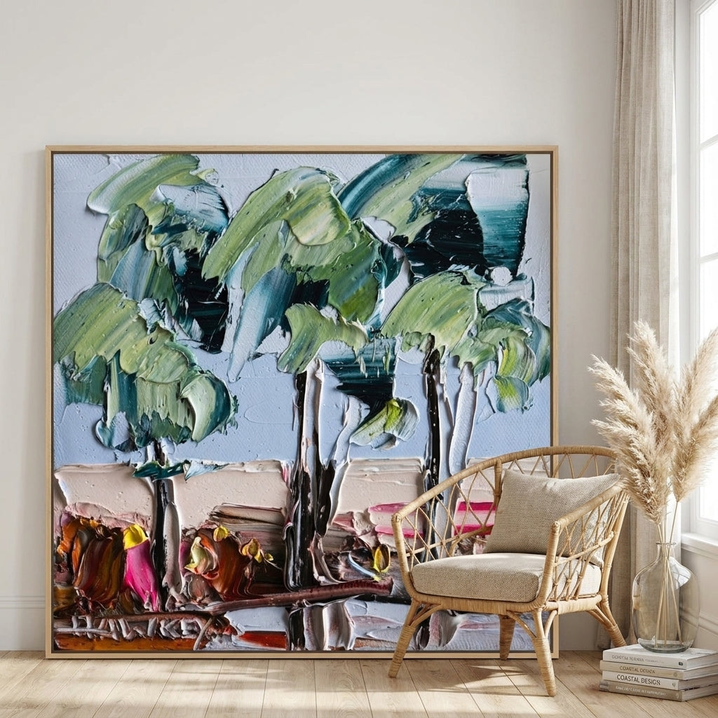 Oversized statement canvas wall art with a natural timber surround leaning against the wall in a coastal dining room