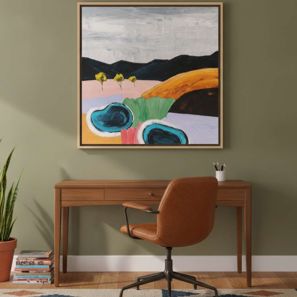 Canvas wall art with a natural timber surround styled on the wall in a mid-century home office