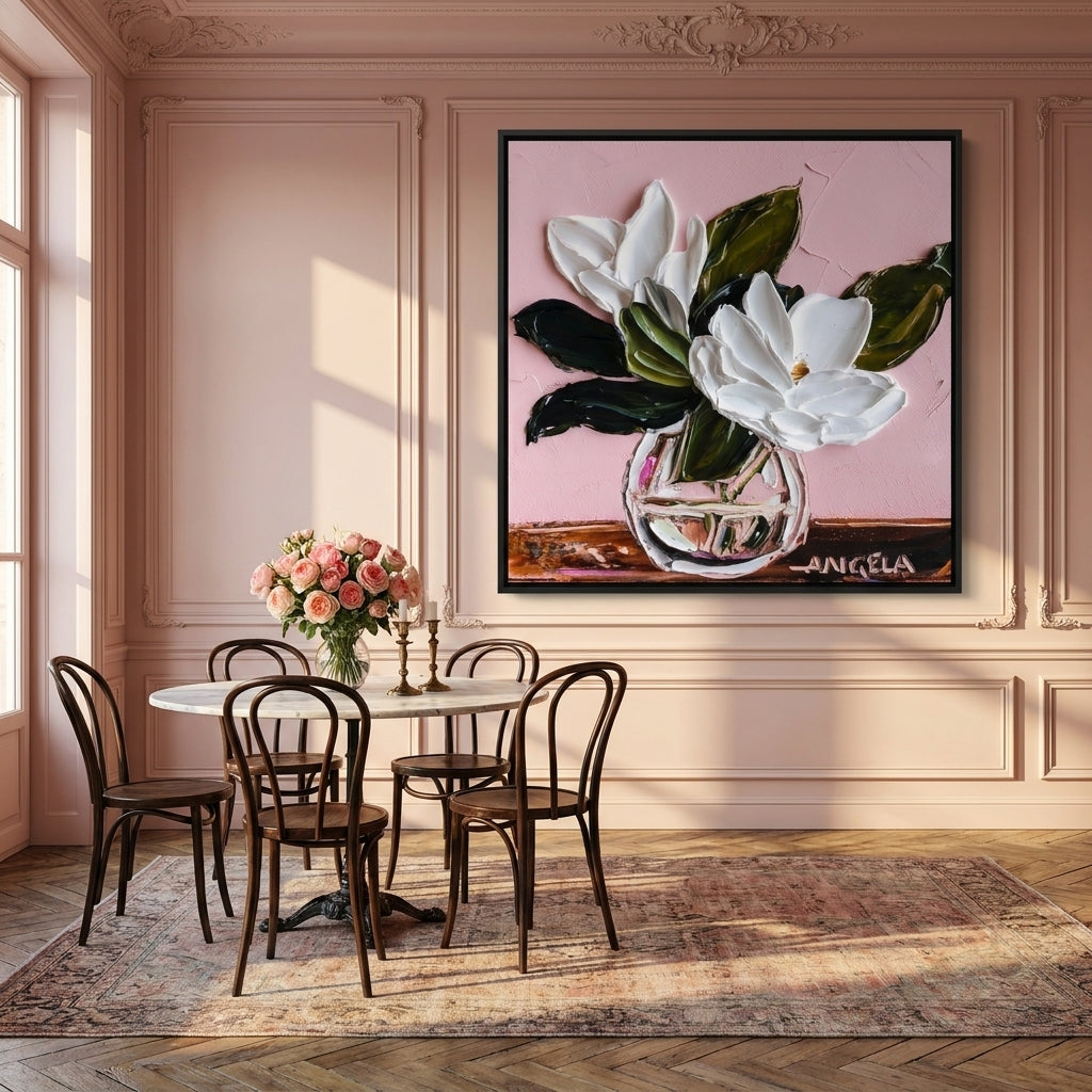 Oversized statement canvas wall art with a black surround styled on the wall in a Parisian dining room