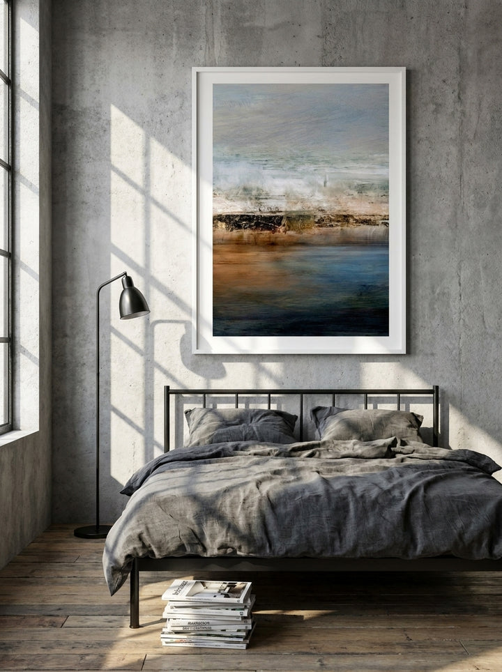 Modern wall art print styled on the wall in an industrial loft bedroom