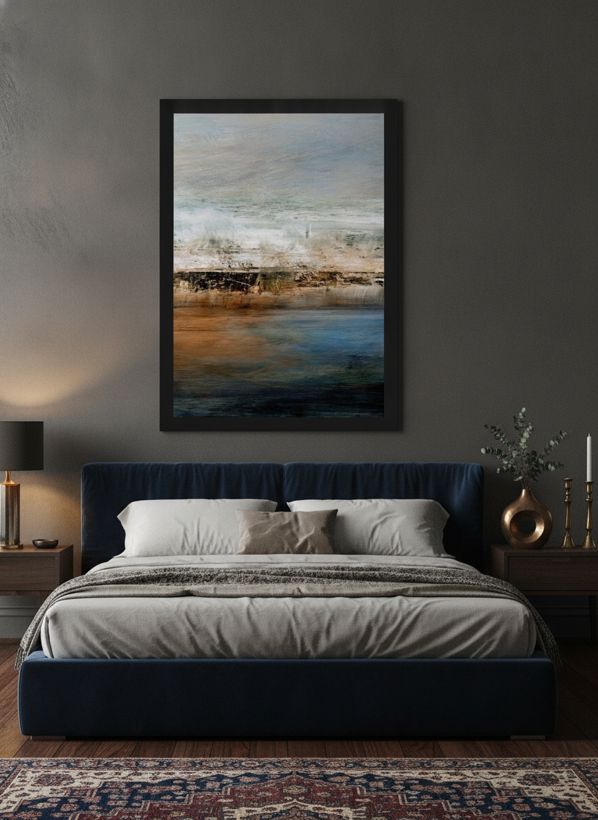 Oversized statement modern wall art print styled on the wall in a moody bedroom