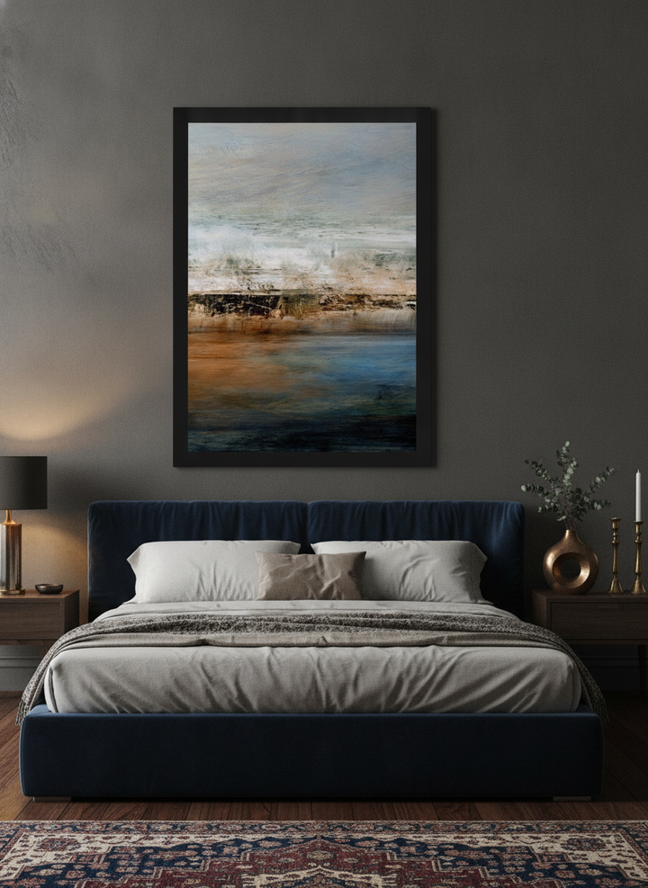 Oversized statement modern wall art print styled on the wall in a moody bedroom