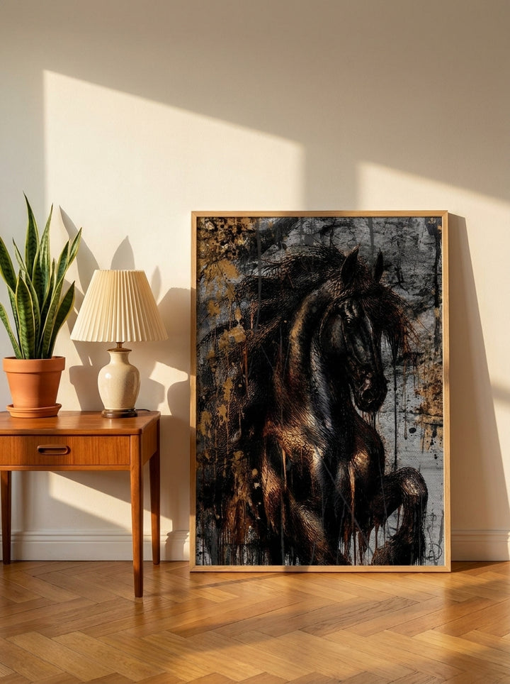 Modern wall art print leaning against the wall in a mid-century bedroom