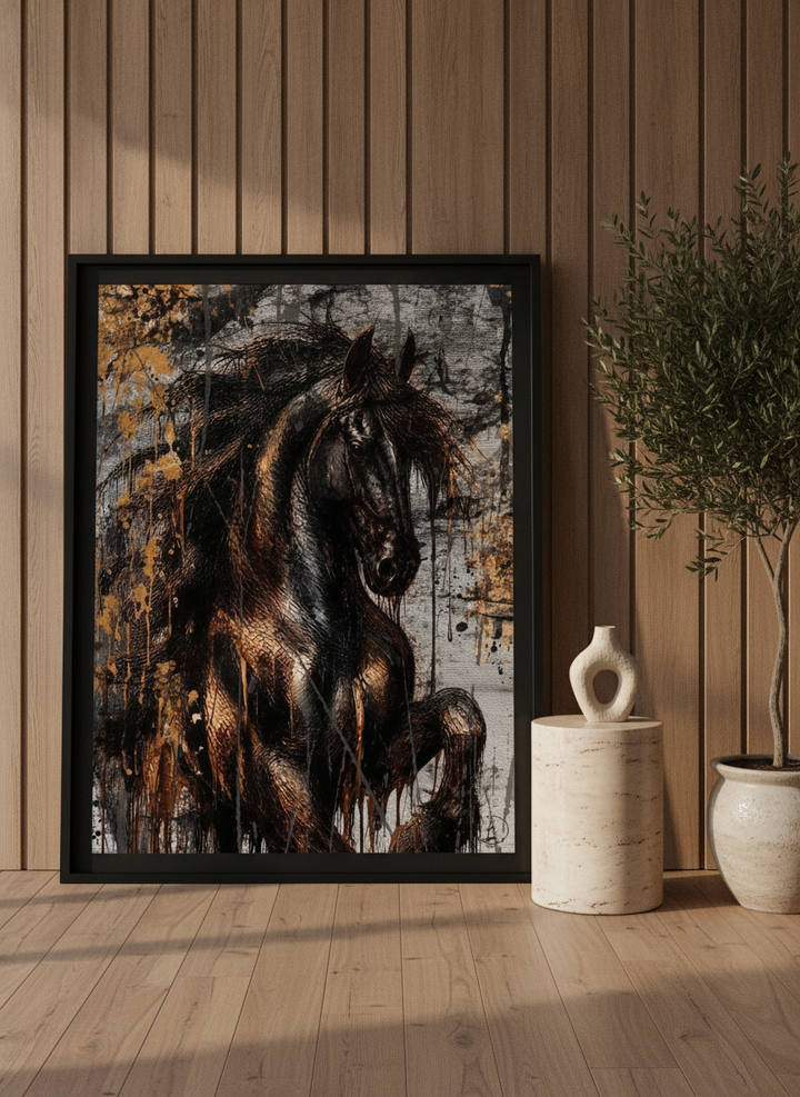 Oversized statement modern wall art print leaning against the wall in a luxe bedroom