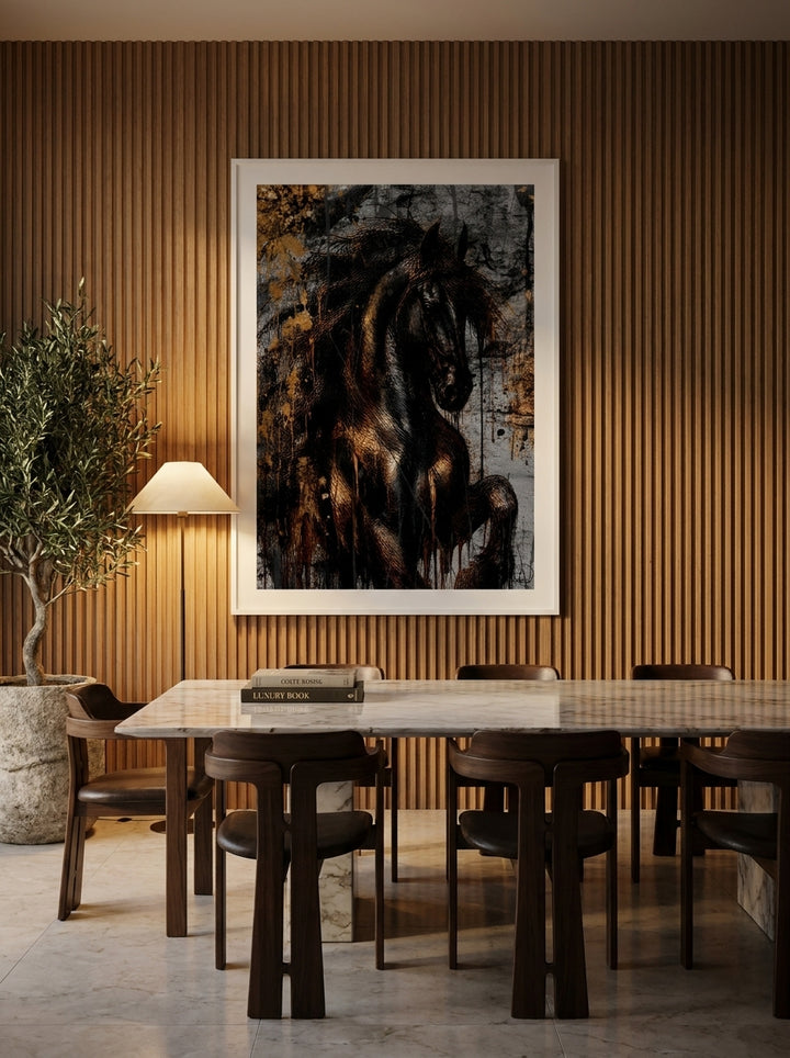 Modern wall art print styled on the wall in a luxe dining room