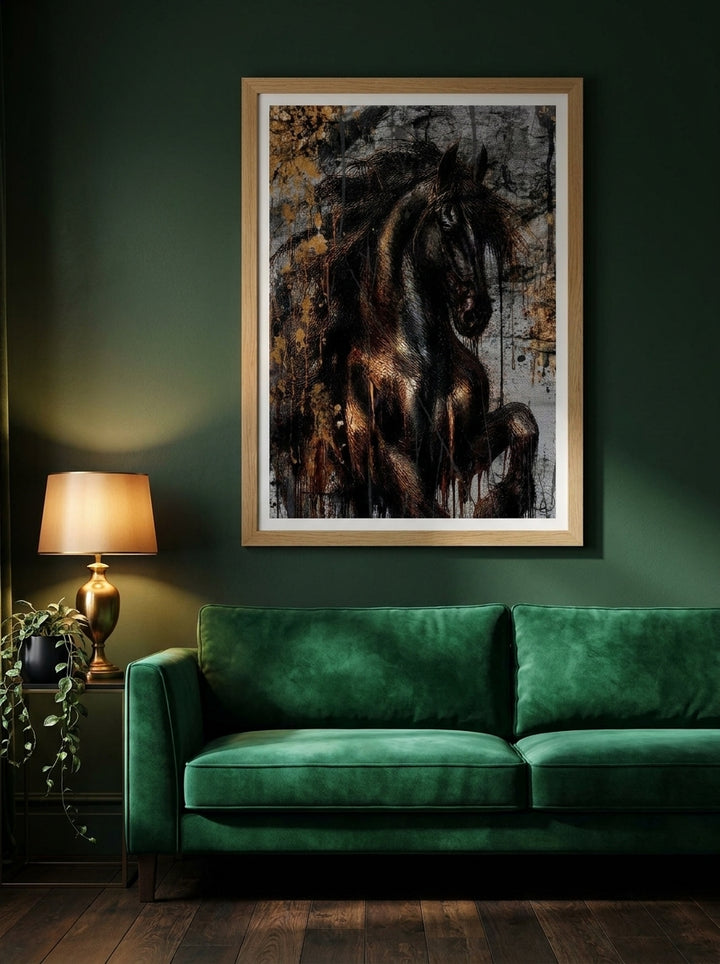 Modern wall art print styled on the wall in a moody living room