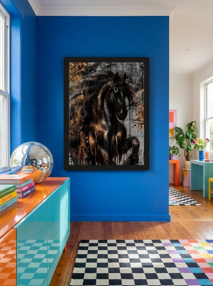 Oversized statement modern wall art print styled on the wall in a colourful eclectic living room