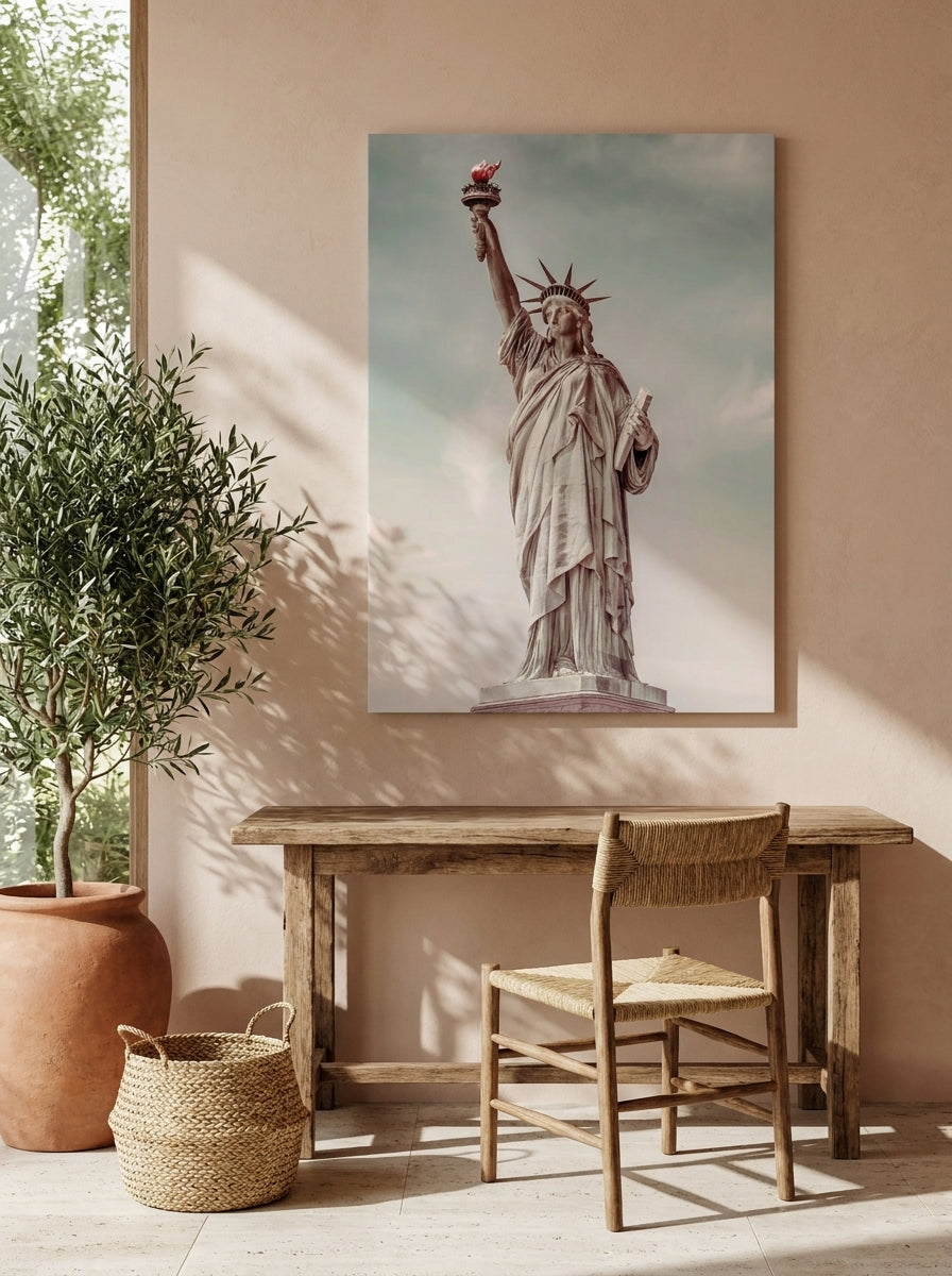 Stretched canvas wall art styled on the wall in a Mediterranean home office